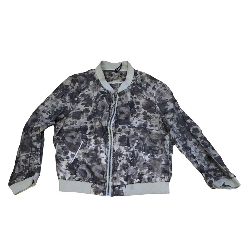 H & M SMALL Floral Black & Gray grey Lightweight cropped bomber jacket 2 pockets